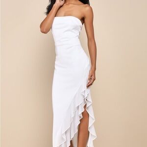 Lulus Strapless White Satin Ruffled Midi Dress
